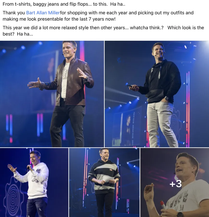 Russell Brunson's Instagram post thanking Bart Miller for styling his stage outfits for seven years.