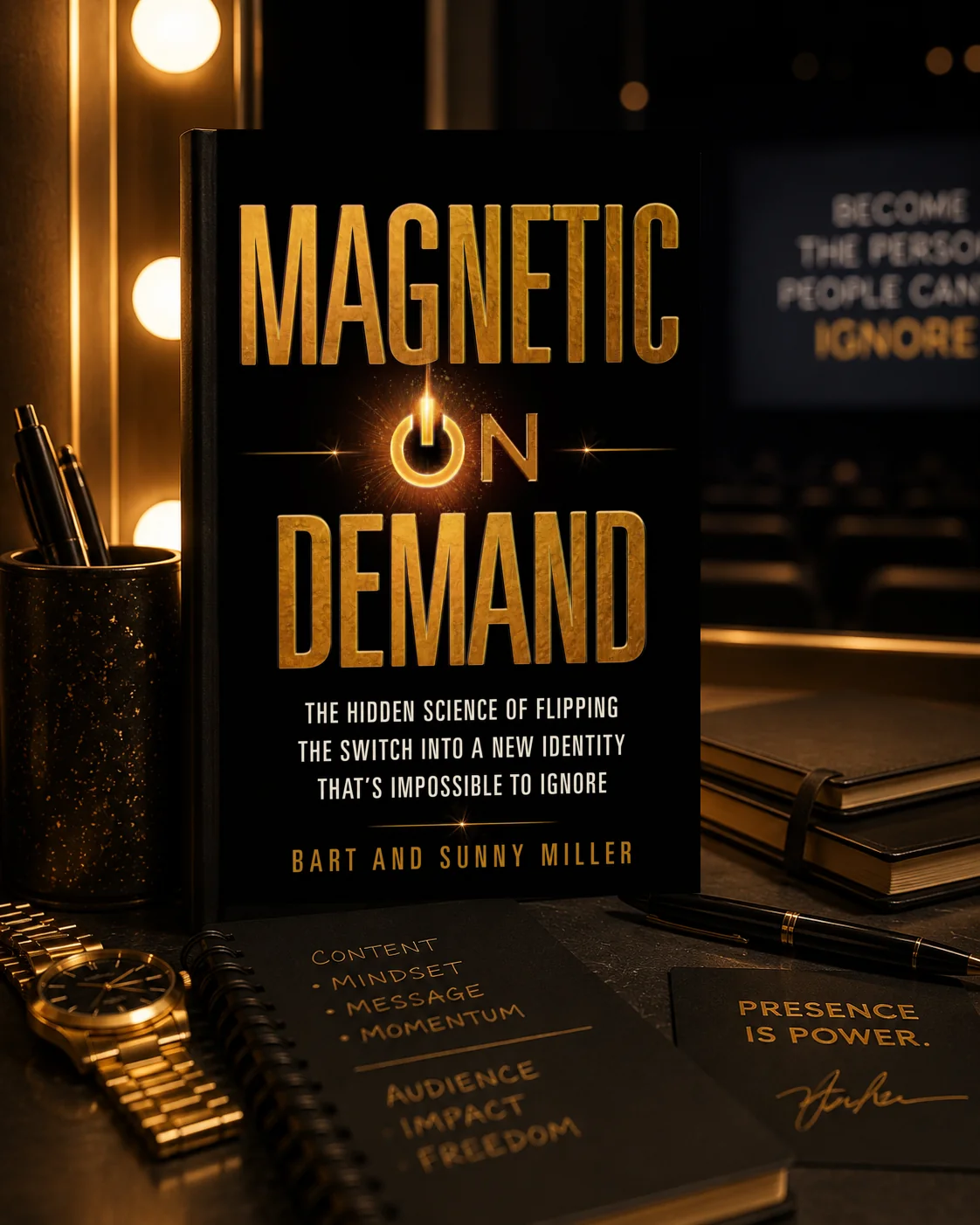 Magnetic On Demand hardcover standing on a backstage desk.